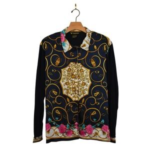 VALENTINA Woman's Navy Blue Scarf Print Long Sleeve Button Up‎ Shirt